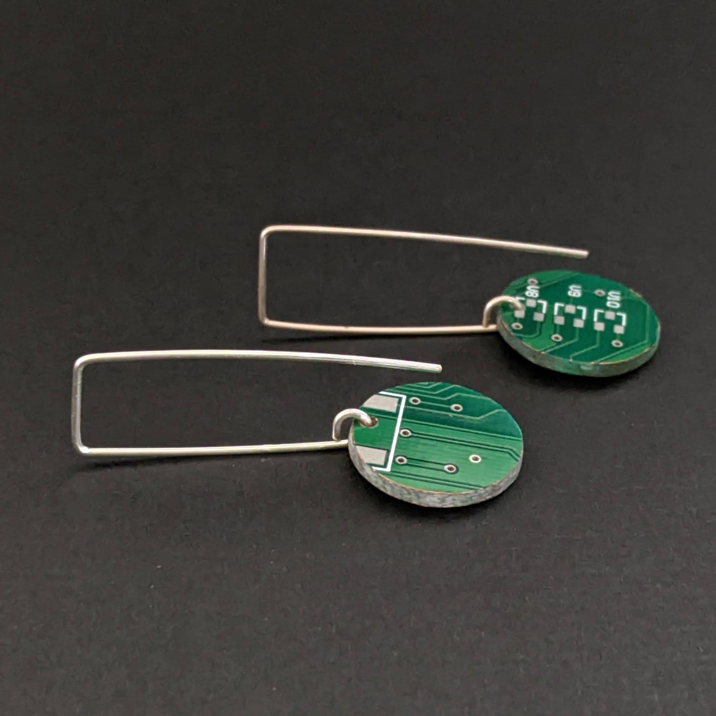 Sterling Silver Dark Green Circuit Board Hook Earrings
