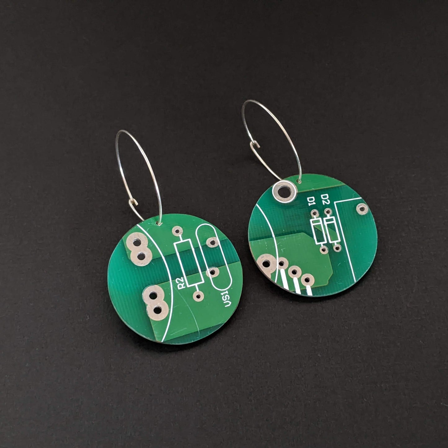 Sterling Silver Dark Green Circuit Board Hoop Earrings Small