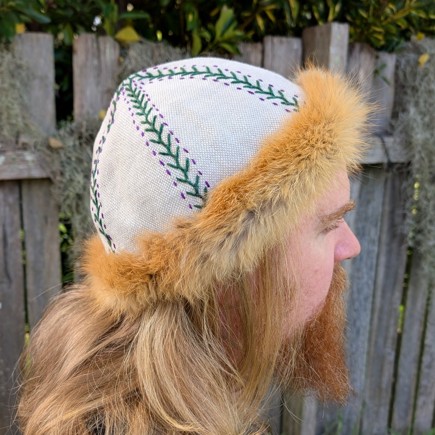 Hand-Embroidered Natural Irish Linen and Fox Fur Viking Hat