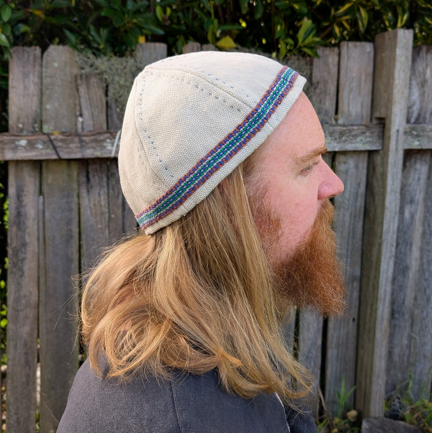 Hand-Embroidered Natural Irish Linen and Inkle Weave Viking Hat