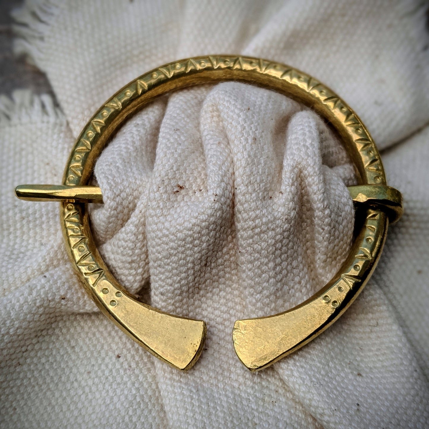 Heavy Stamped Brass Penannular Brooch 7cm