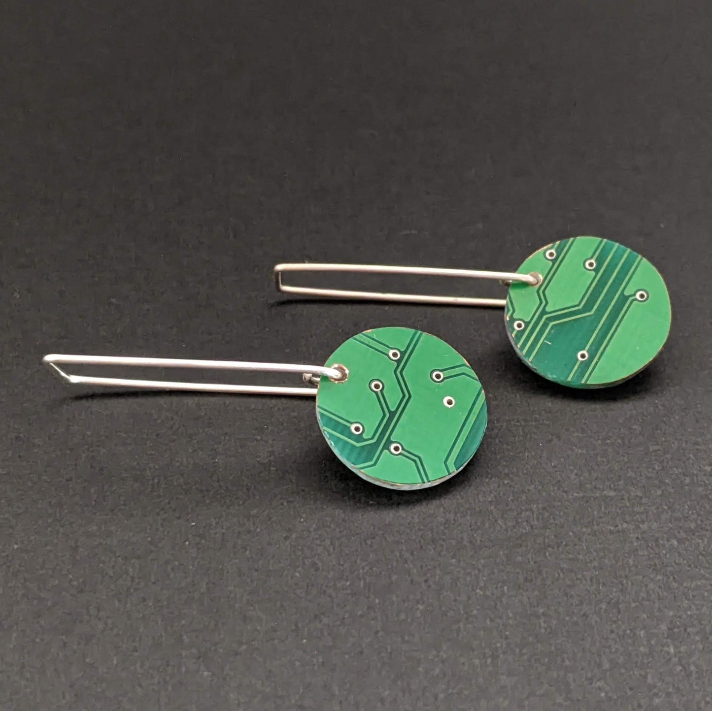 Sterling Silver Dark Green Circuit Board Hook Earrings