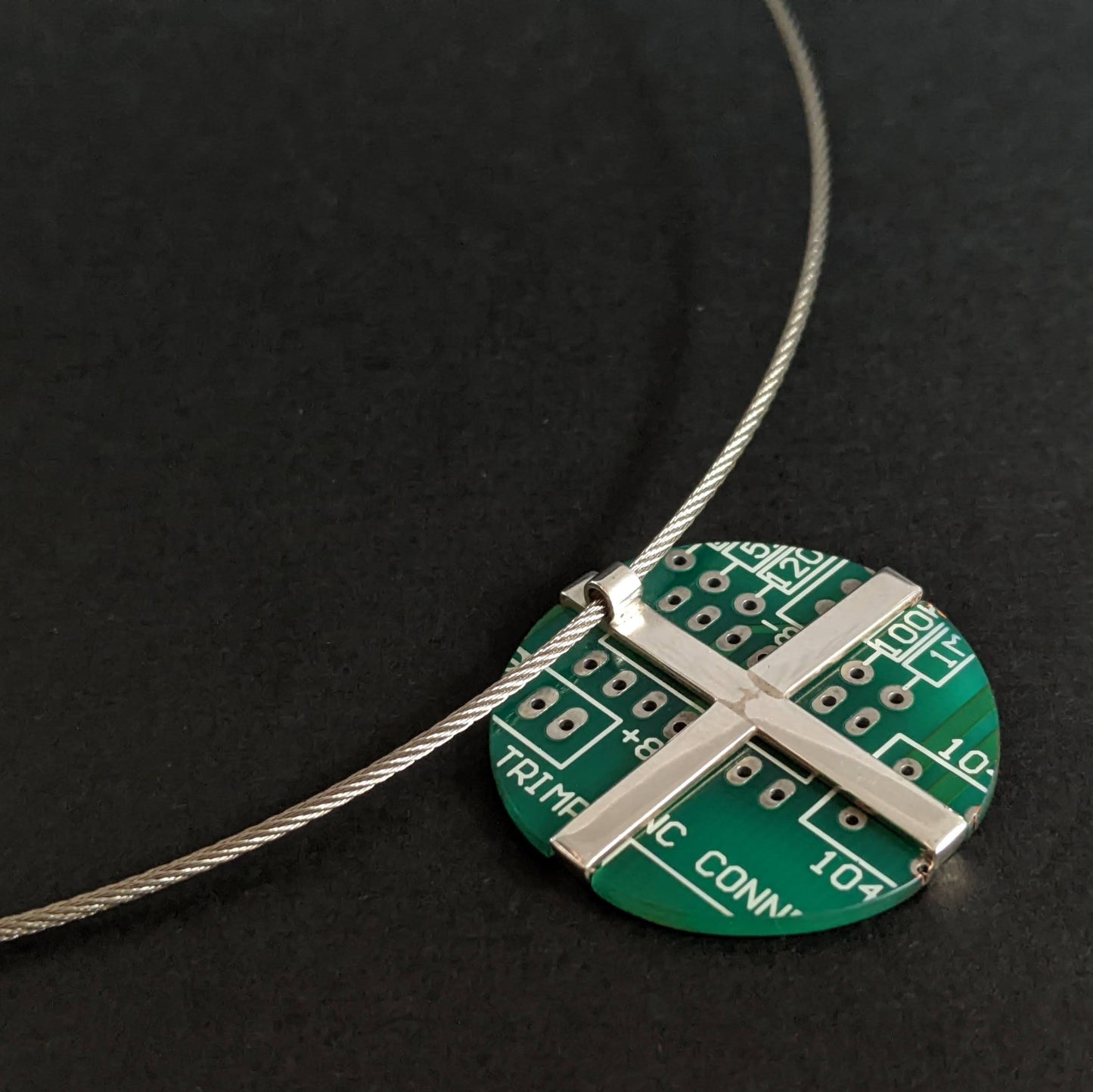 Sterling Silver Stainless Steel Dark Green Circuit Board Necklace