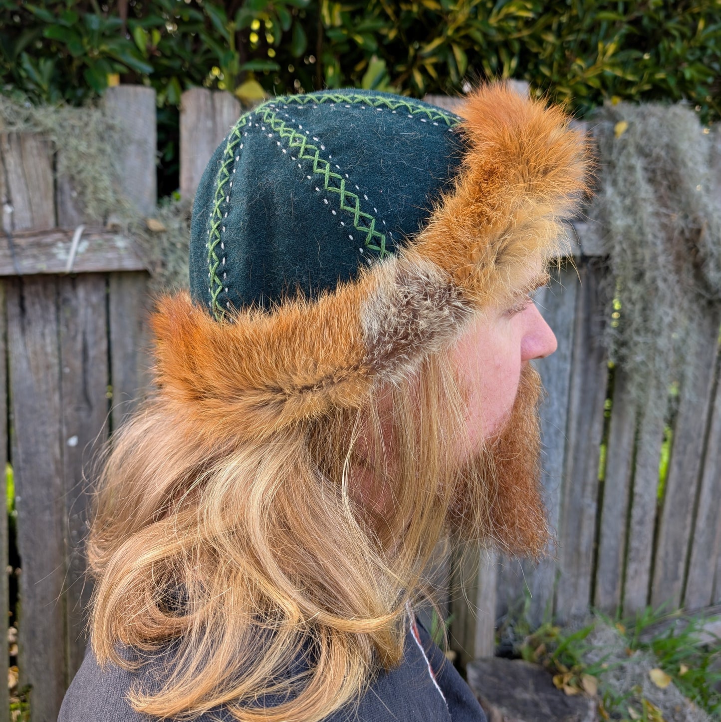 Hand-Embroidered Green Wool Linen and Fox Fur Viking Hat