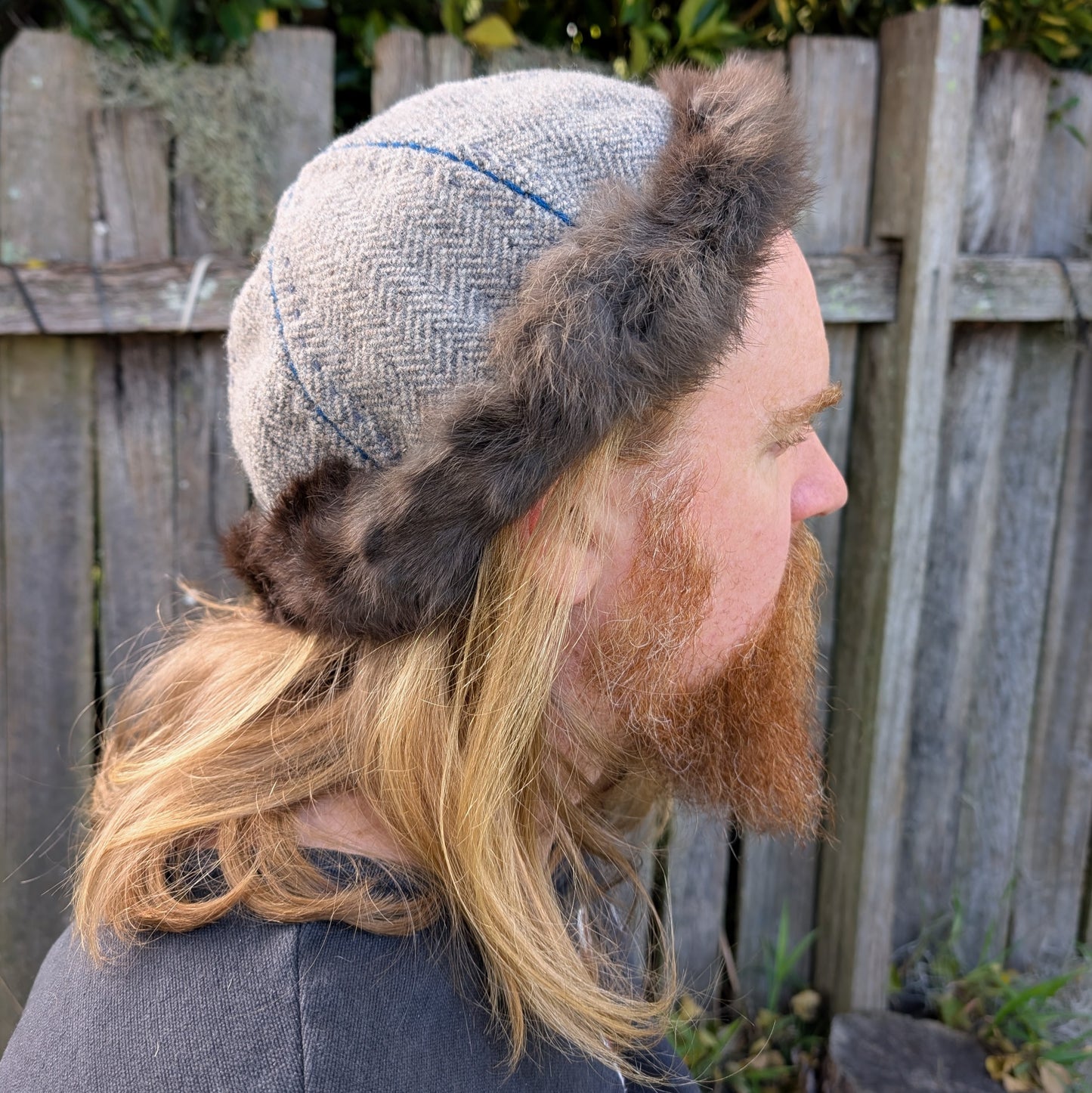 Hand-Embroidered Grey Herringbone Wool Linen and Rabbit Fur Viking Hat