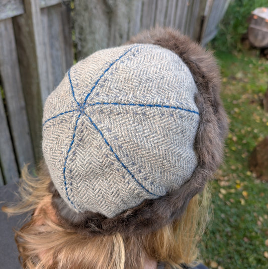 Hand-Embroidered Grey Herringbone Wool Linen and Rabbit Fur Viking Hat