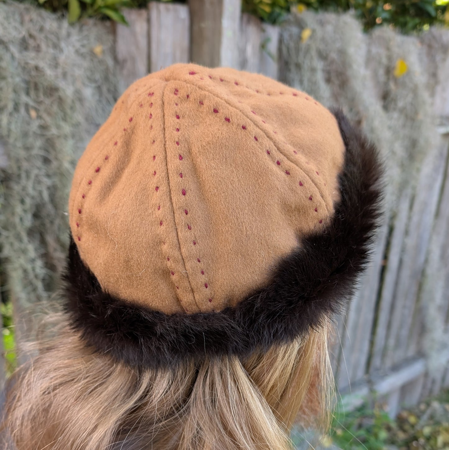 Hand-Embroidered Tan Suede Linen and Rabbit Fur Viking Hat